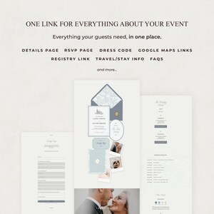 May include: A digital event invitation suite featuring a central layout with a blue envelope, wedding stationery, and photos. Text includes ONE LINK FOR EVERYTHING ABOUT YOUR EVENT, DETAILS PAGE, RSVP PAGE, DRESS CODE, GOOGLE MAPS LINKS, and more.