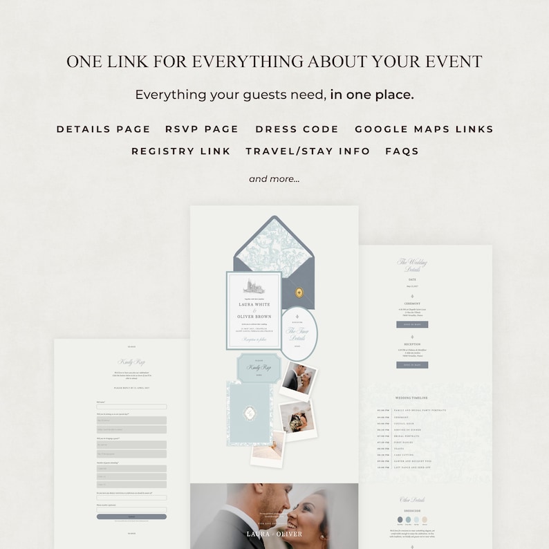 May include: A digital event invitation suite featuring a central layout with a blue envelope, wedding stationery, and photos. Text includes ONE LINK FOR EVERYTHING ABOUT YOUR EVENT, DETAILS PAGE, RSVP PAGE, DRESS CODE, GOOGLE MAPS LINKS, and more.