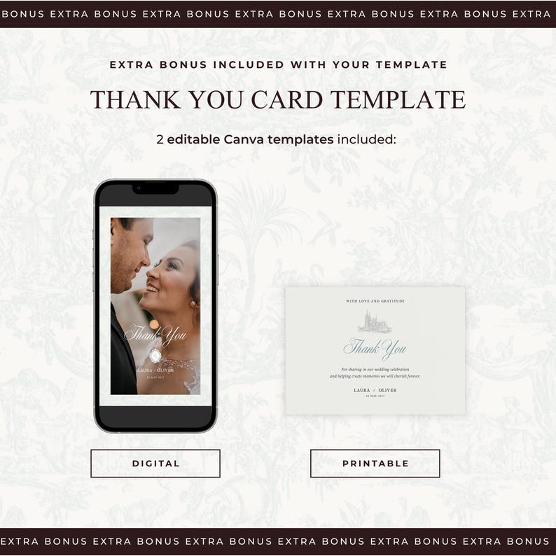 May include: A thank you card template set featuring two editable Canva designs. One digital version is displayed on a smartphone screen, and one printable version is shown as a rectangular card with text and a wedding photo illustration.