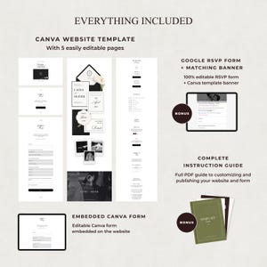 May include: A digital wedding website template set including five editable Canva pages, a Google RSVP form with a matching banner, an embedded Canva form, and a PDF instruction guide. The design features black and white layouts with text.