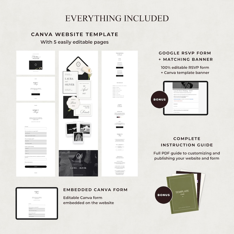 May include: A digital wedding website template set including five editable Canva pages, a Google RSVP form with a matching banner, an embedded Canva form, and a PDF instruction guide. The design features black and white layouts with text.