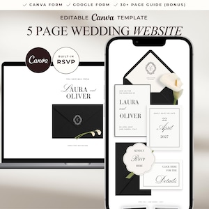May include: An editable Canva template for a 5-page wedding website displayed on a laptop and smartphone. The design features black envelopes, white cards with the text Laura and Oliver, 22 April 2027, and a calla lily graphic. Includes RSVP buttons.
