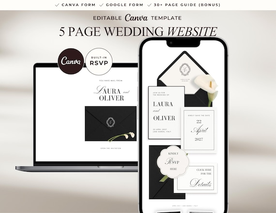 Canva Wedding Website Template with RSVP, Black and White Digital Wedding Invitation, Old Money Editorial Wedding Website