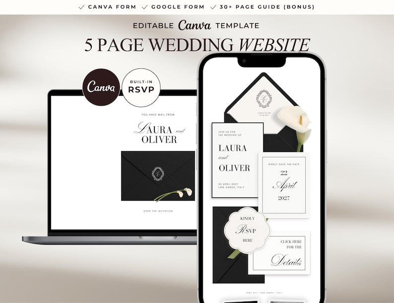 May include: An editable Canva template for a 5-page wedding website displayed on a laptop and smartphone. The design features black envelopes, white cards with the text Laura and Oliver, 22 April 2027, and a calla lily graphic. Includes RSVP buttons.