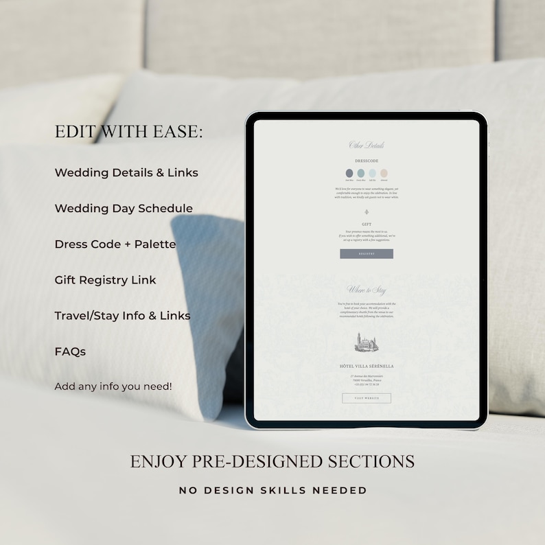 May include: A digital tablet displaying a wedding information template with sections for details, schedule, dress code, gift registry, and travel. The screen features text including EDIT WITH EASE, ENJOY PRE-DESIGNED SECTIONS, and NO DESIGN SKILLS NEEDED.