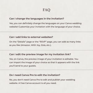 May include: An FAQ document with black text on a light background. It addresses questions about changing languages, adding external links like Amazon, With Joy, or Zola, editing preview images for invitation links, and Canva Pro account requirements.