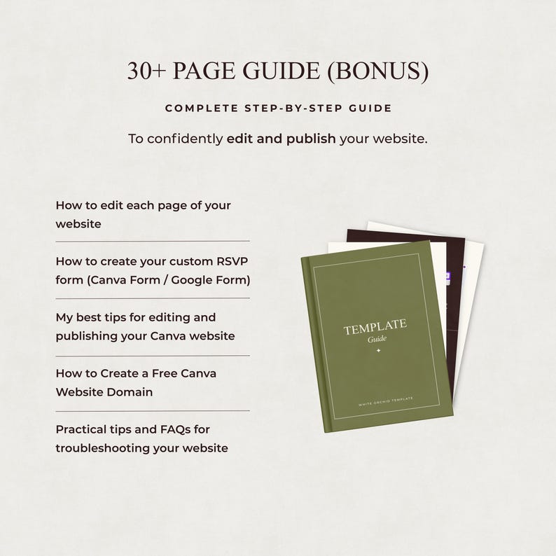 May include: A 30+ page guide featuring a step-by-step manual for editing and publishing a website. The cover is olive green with the text TEMPLATE Guide and WHITE ORCHID TEMPLATE. It includes instructions for Canva and Google forms.