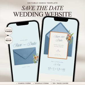 Peut inclure: Deux smartphones affichant un modèle de site web de mariage Canva modifiable. Les écrans présentent un graphique d'enveloppe bleue, des accents floraux et du texte incluant Save the Date, Laura Sanchez, Oliver White et un compte à rebours.