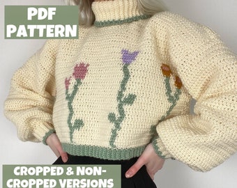 Häkelanleitung: Blumenwiese Pullover Häkelpullover Rollkragen Cottagecore Blumen Creme Damen Größen S - 3XL