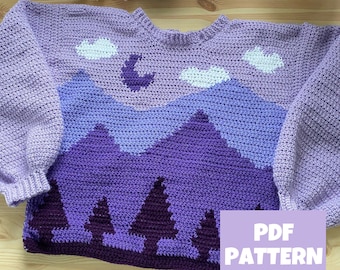 Crochet Sweater Pattern: Purple Moon Landscape Jumper Crochet Pullover Mountains Nature Forest Womens Sizes S - 3XL