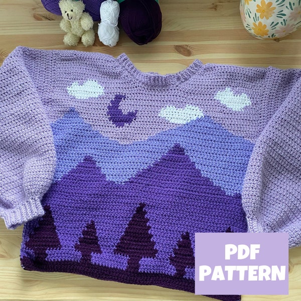 Crochet Sweater Pattern: Purple Moon Landscape Jumper Crochet Pullover Mountains Nature Forest Womens Sizes S - 3XL