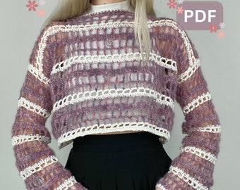 Patrón de suéter de malla de crochet / Patrón de encogimiento de hombros corto de crochet de manga larga / HECHO A MEDIDA PDF