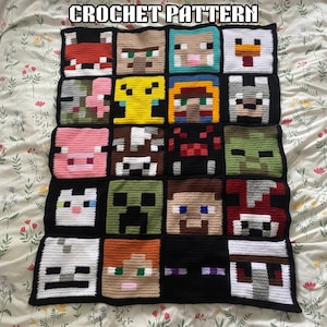 May include: A crochet blanket featuring a grid of 16 Minecraft character squares. The characters include Steve, Alex, a creeper, a pig, a cow, a wolf, a chicken, and more. The blanket is made with black, white, green, brown, red, and pink yarn.
