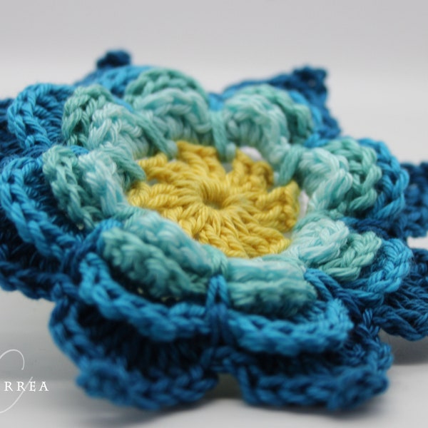 Crochet flower 11 cm turquoise-yellow, application, patch for pillow bags or much more