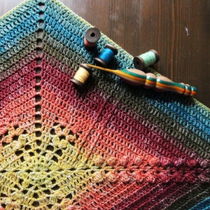 Könnte beinhalten: Ein handgefertigter, mehrfarbiger gehäkelter Schal in Blau-, Grün-, Rot- und Gelbtönen. Ein Häkelhaken aus Holz und mehrere Garnrollen in verschiedenen Farben sind ebenfalls zu sehen, was auf ein Bastelprojekt hindeutet.