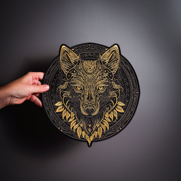 GOLDEN WOLF Large Back Patch  for custom biker vest