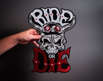 RIDE or DIE Skull Large Back Patch for custom biker vest