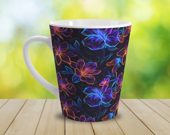Latte Mug with Neon Hawaiian Tropical Flowers, Coffee Mug with Floral Design