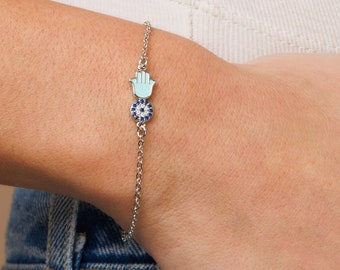 Turquoise Hamsa Bracelet for Women with Zirconia Evil Eye Pendant | Stainless Steel Rhodium-Plated Silver | Tarnish-Free and Shower-Safe