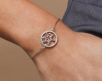 Silver Tree of Life Bracelet with Zirconia Diamonds | Classic Tree of Life Pendant Jewelry | Stainless Steel with Rhodium Cover