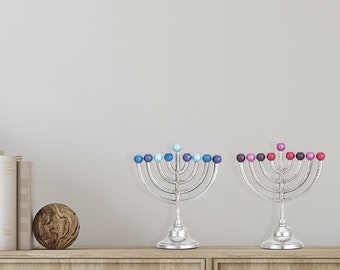 Jewish Chanukah Menorah, Contemporary design with Aluminuim body, 9 branch Hand painted Tample Hanukkah Menorah, a Perfect Housewarming Gift