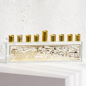 Jewish Chanukah Menorah from Crystal Glass & Gold Plating, Jerusalem Menorah with a Contemporary design , 9 branch Tample Hanukkah Gift