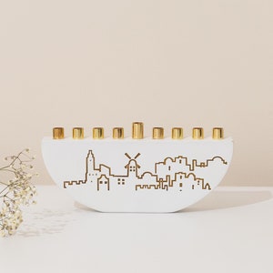 Handmade Concrete Hanukkah Menorah: Jerusalem Outline, 24k Gold Cups