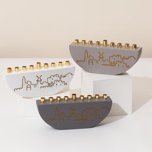 Handmade Concrete Menorah with Jerusalem Outline | 9 Branch Menorah for Hanukkah | Jewish Gifts from Israel | Unique Chanukah Decor
