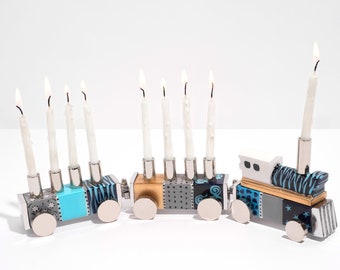 Train Children’s Play Chanukah Menorah, Contemporary Aluminium design with Colorful Hand Painted 9 Branch ,a Perfect Jewish & Kids Gift