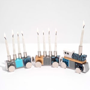 Train Childrens Play Chanukah Menorah, Contemporary Aluminium design with Colorful Hand Painted 9 Branch ,a Perfect Jewish & Kids Gift image 1