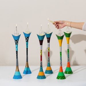 Colorful Handmade Jewish Shabbat Candle Holders - Vibrant Enamel Painted Cast Nirosta Judaica Gift from Israel