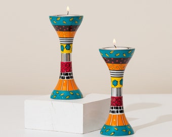Enamel Painted Shabbat Candlesticks: Handcrafted Jewish Art Gift from Israel