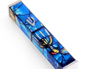 Jewish Mezuzah Case with Scroll and Marc Chagall design , Aluminum Modern Mezuzah, Peel and Stick Adhesive Mezuza Cover, Jewis Home Decor