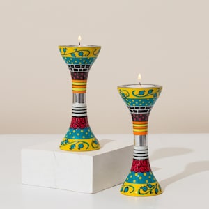 Artisan Handcraft Shabbat Candle Holders - Vibrant Enamel Painted Cast Nirosta Jewish Art Judaica Gift from Israel
