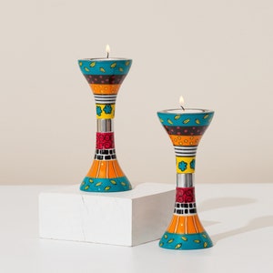 Artisan Handcraft Shabbat Candle Holders - Vibrant Enamel Painted Cast Nirosta Jewish Art Judaica Gift from Israel