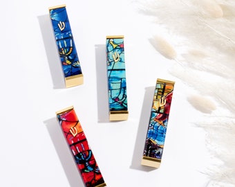 Mezuzah Case with Marc Chagall design ,Jewish 24K Gold Plated Modern Mezuzah, Peel and Stick Adhesive Mezuza Cover with Scroll, Jewish gifts