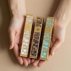 24K Gold Plated Mezuzah Case Jerusalem Inspired Design + Gift Box