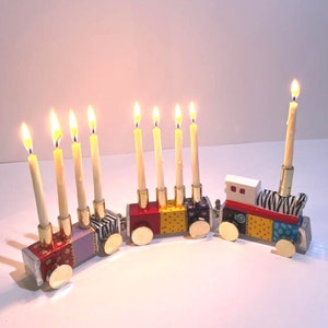 Train Childrens Play Chanukah Menorah, Contemporary Aluminium design with Colorful Hand Painted 9 Branch ,a Perfect Jewish & Kids Gift image 3