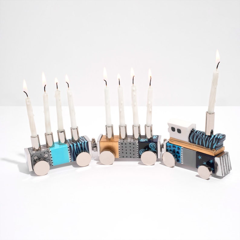 Train Childrens Play Chanukah Menorah, Contemporary Aluminium design with Colorful Hand Painted 9 Branch ,a Perfect Jewish & Kids Gift image 1