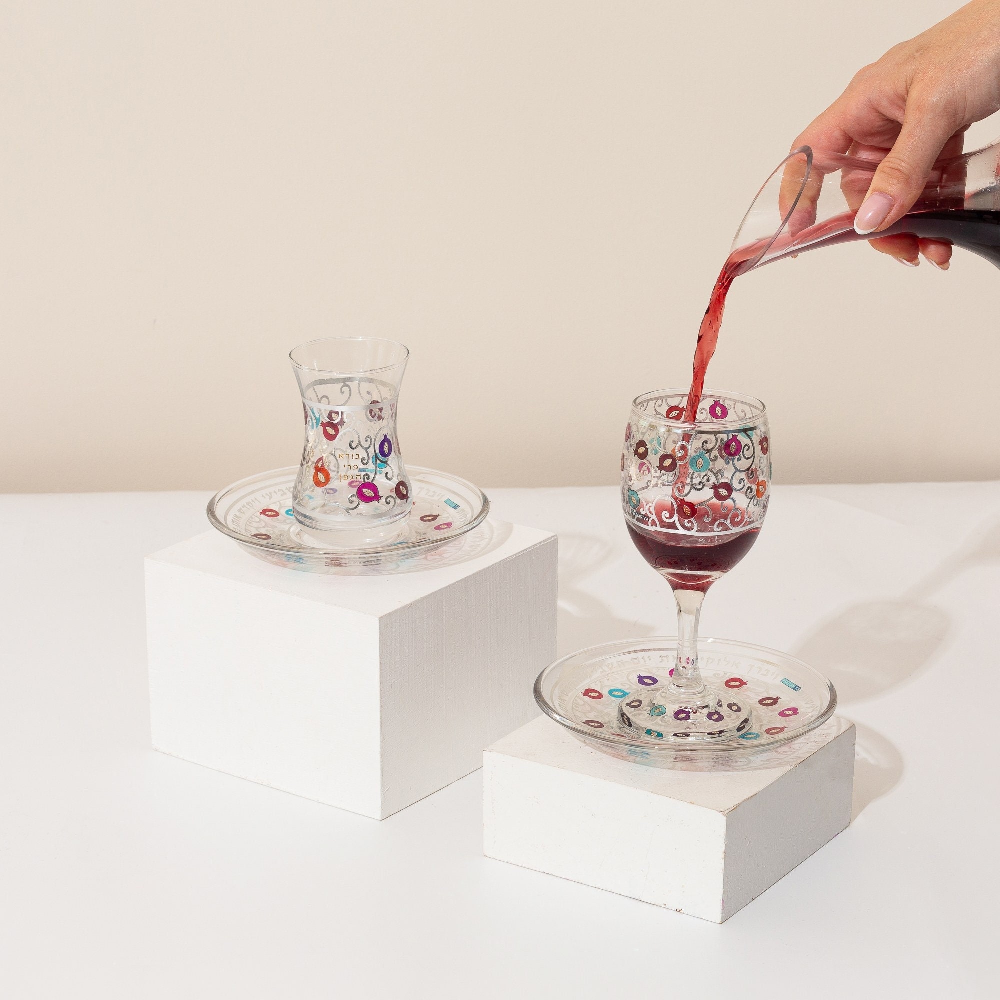 Colorful Pomegranate Kiddush Cup Set | Handcrafted Judaica Art for Shabbat, Jewish Weddings, and Holiday