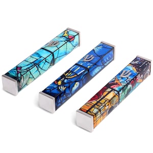 Mezuzah Case with Scroll and Marc Chagall design ,Jewish Nirosta Modern Mezuzah, Peel and Stick Adhesive Mezuza Cover, Judaica Art