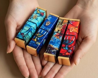 Gold Plated Aluminum Mezuzah Case - Chagall Windows Inspired Design + Gift Box
