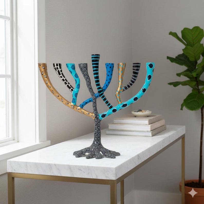 Handmade Enamel-Painted Hanukkah Menorah - The Wild Tree Collection | Unique Animal Designs for Elegant Celebrations image 1