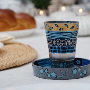 Hand Painted Modern Kiddush Cup Set, Colorful Patterned Shabbat Kiddish Cup, Jewish Havdalah Wine Goblet with Plate, Miriam’s Cup Gift