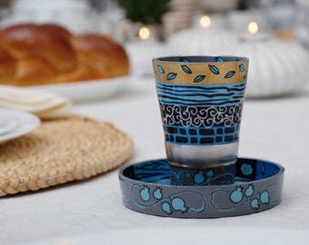 Hand Painted Modern Kiddush Cup Set, Colorful Patterned Shabbat Kiddish Cup, Jewish Havdalah Wine Goblet with Plate, Miriam’s Cup Gift