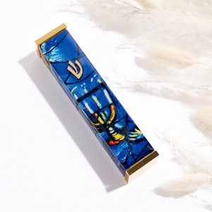 Mezuzah with Scroll – 24K Gold Plated Peel and Stick Mezuzah Cover with Marc Chagall Design, Modern Judaica Gift for Jewish Home