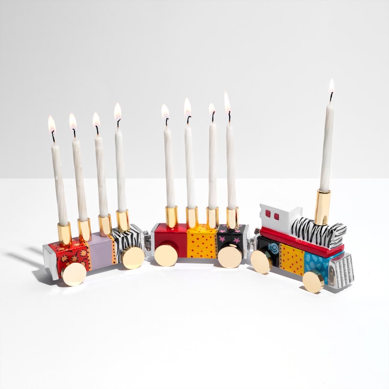 Train Childrens Play Chanukah Menorah, Contemporary Aluminium design with Colorful Hand Painted 9 Branch ,a Perfect Jewish & Kids Gift image 2