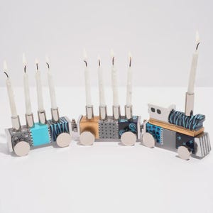 Handmade Enamel Train Menorah for Children – Modern Hanukkah Gift, Chanukah Decorations, 9 Branch Oil Menorah, Jewish Art Gift