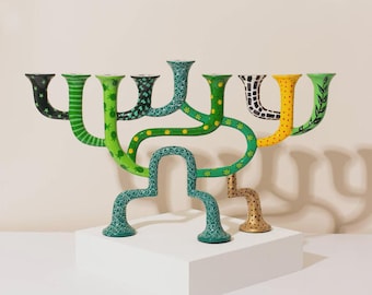 Menorá de Janucá moderna hecha a mano: pintada con esmalte artístico