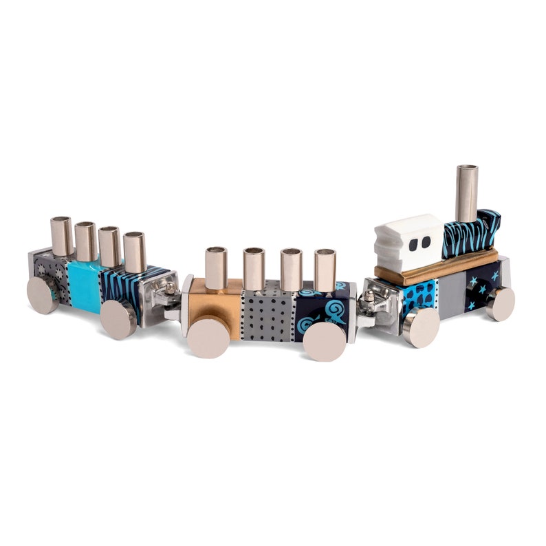 Train Childrens Play Chanukah Menorah, Contemporary Aluminium design with Colorful Hand Painted 9 Branch ,a Perfect Jewish & Kids Gift image 9